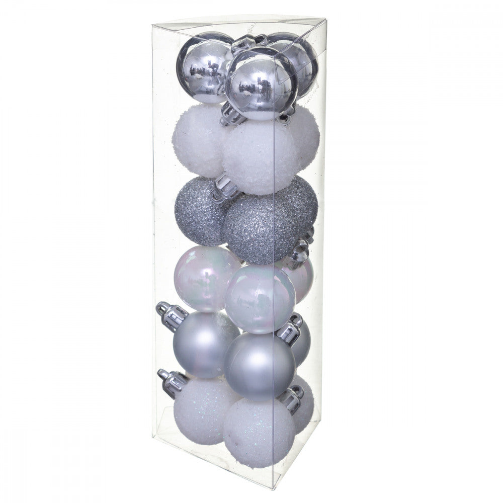 18 Stück Christbaumkugeln - Baumschmuck silber/weiß/glitzernd PVC 30mm