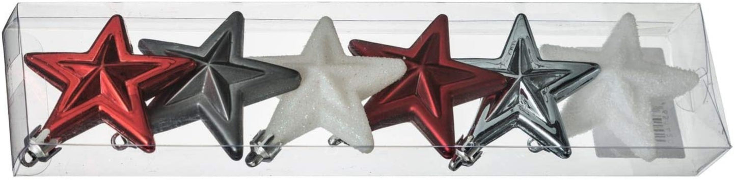 6 Stück Christbaumkugeln - Baumschmuck Stern rot/weiß/silber
