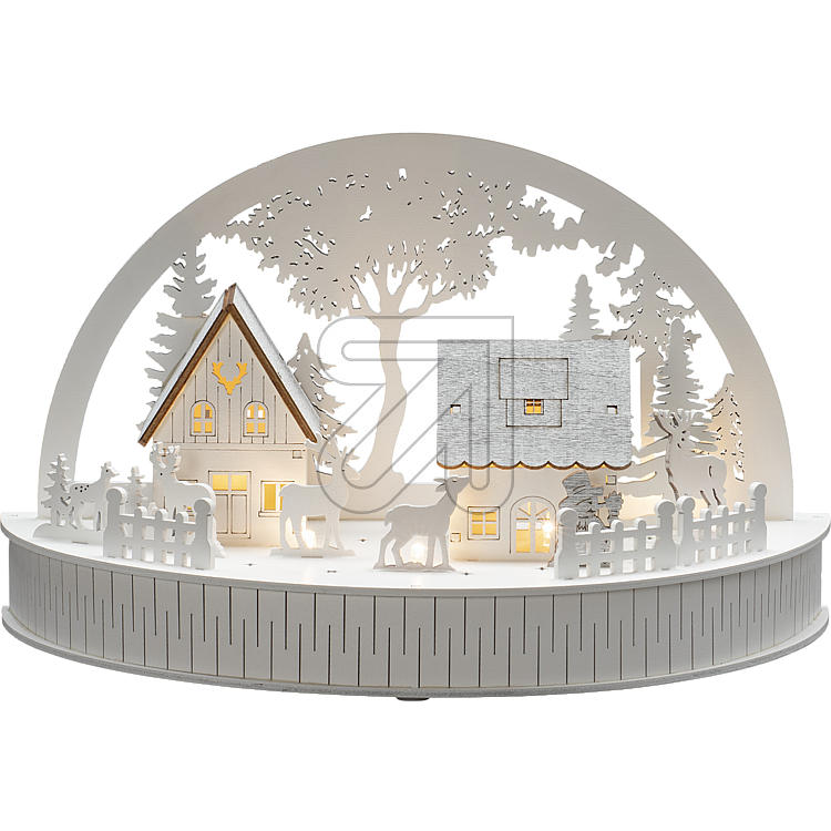 LED Holzleuchter - Fensterleuchter Holzsilhouette 'Häuser und Rentiere'