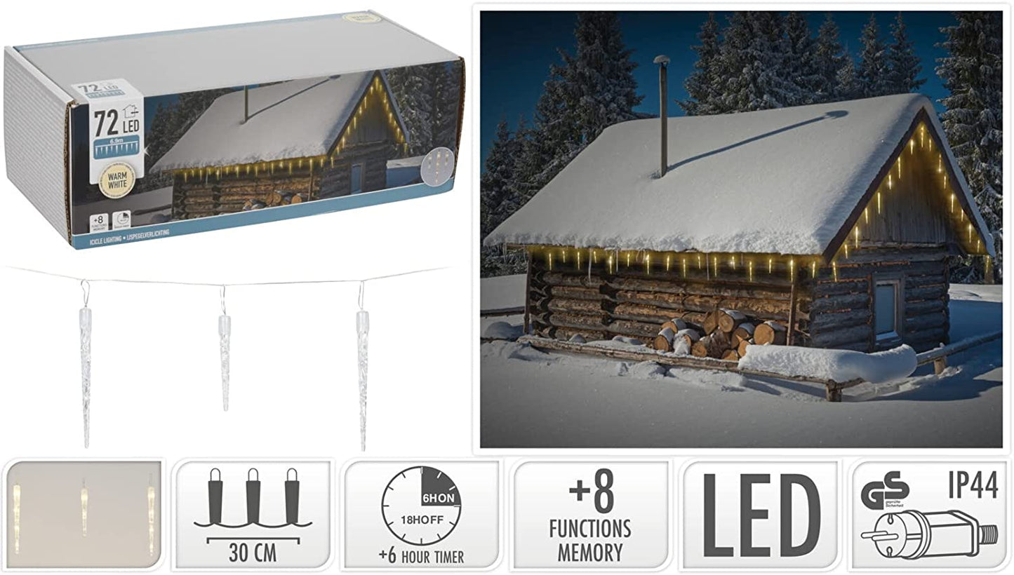 LED-Eiszapfen-Lichterkette 72 Zapfen warmweiße LED für innen & außen mit Timer und 8 Funktionen