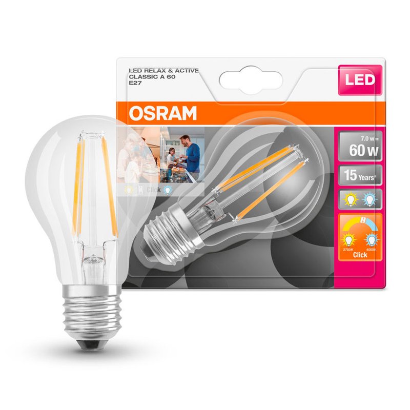 Osram LED Filament Leuchtmittel Birnenform 7W = 60W E27 klar Relax & Active warmweiß & kaltweiß per Lichtschalter
