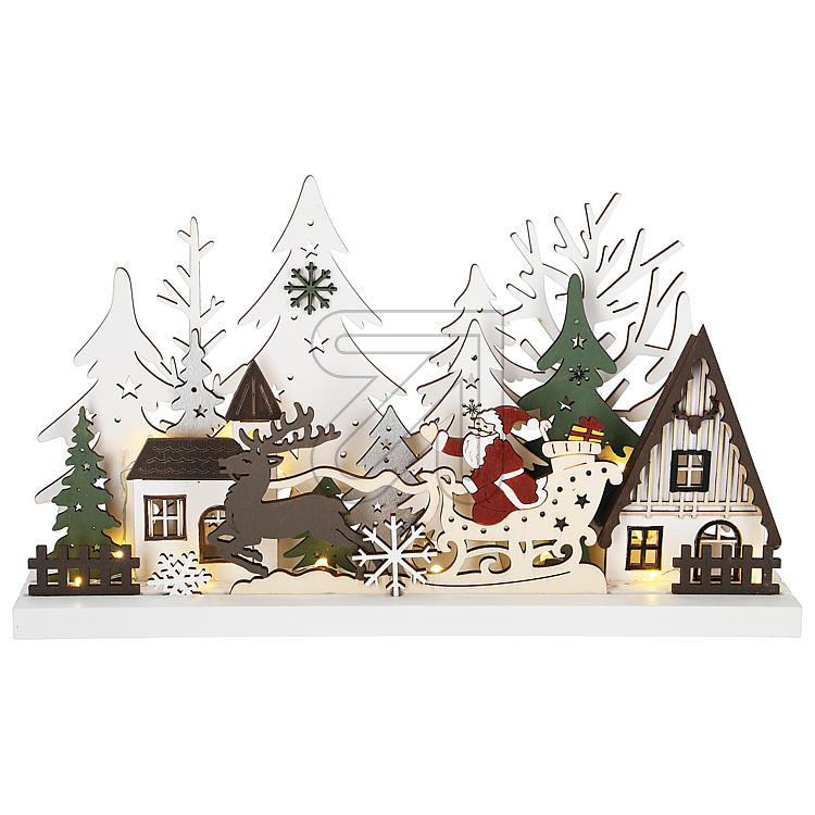 LED Holzleuchter - Fensterleuchter Weihnachtsmann im Rentierschlitten Batteriebetrieb und Timer