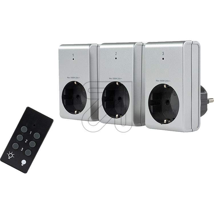 REV Funksteckdosen silber Set 3 Stück mit Fernbedienung ca. 30m Reichweite