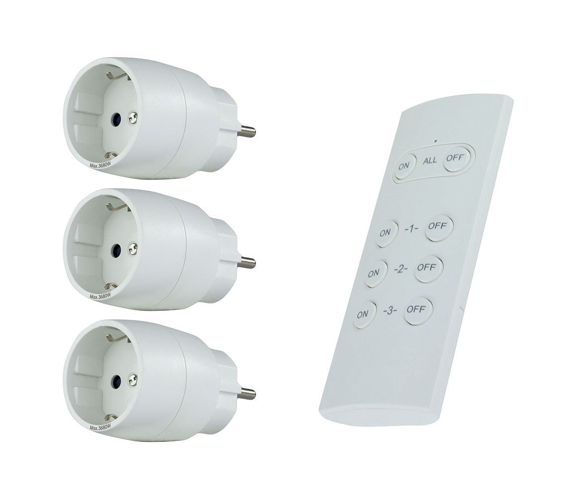 REV 0085500103 Funksteckdosen, 3 Steckdosen mit Fernbedienung. Bis 30m, 3680W/St., Weiss