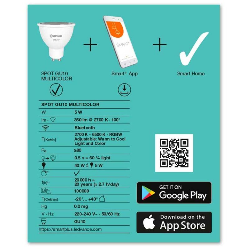 Ledvance LED Smart+ Reflektor PAR16 5W = 40W GU10 350lm RGBW 2700K-6500K Dimmbar App Google Bluetooth